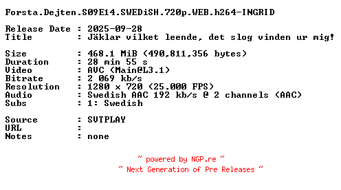 NFO for the release Forsta.Dejten.S09E14.SWEDiSH.720p.WEB.h264-INGRID by INGRID