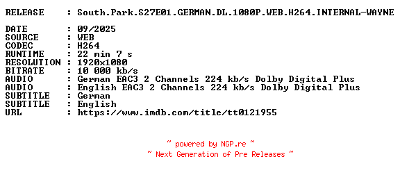 NFO for the release South.Park.S27E01.GERMAN.DL.1080P.WEB.H264.INTERNAL-WAYNE by WAYNE