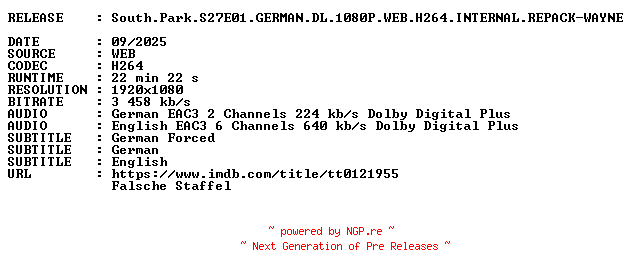 NFO for the release South.Park.S27E01.GERMAN.DL.1080P.WEB.H264.INTERNAL.REPACK-WAYNE by WAYNE