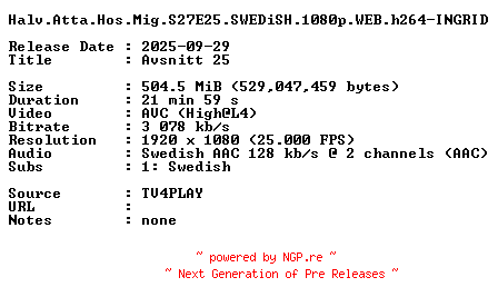 NFO for the release Halv.Atta.Hos.Mig.S27E25.SWEDiSH.1080p.WEB.h264-INGRID by INGRID