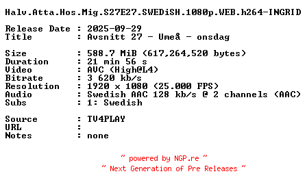 NFO for the release Halv.Atta.Hos.Mig.S27E27.SWEDiSH.1080p.WEB.h264-INGRID by INGRID