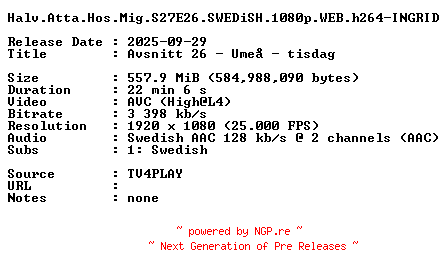 NFO for the release Halv.Atta.Hos.Mig.S27E26.SWEDiSH.1080p.WEB.h264-INGRID by INGRID