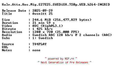 NFO for the release Halv.Atta.Hos.Mig.S27E25.SWEDiSH.720p.WEB.h264-INGRID by INGRID
