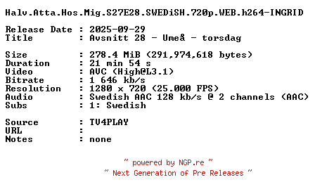 NFO for the release Halv.Atta.Hos.Mig.S27E28.SWEDiSH.720p.WEB.h264-INGRID by INGRID