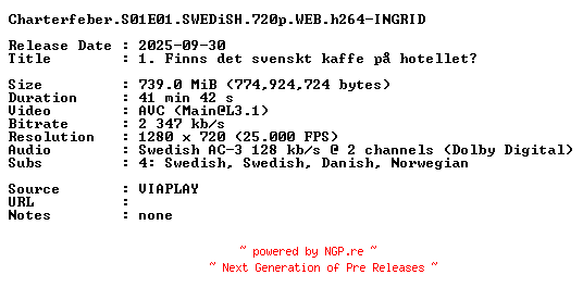 NFO for the release Charterfeber.S01E01.SWEDiSH.720p.WEB.h264-INGRID by INGRID