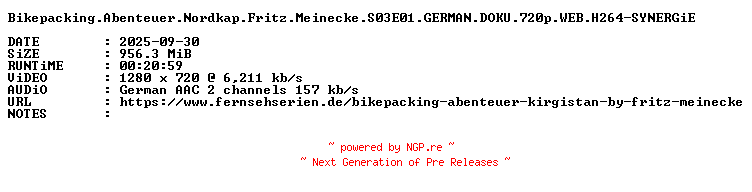 NFO for the release Bikepacking.Abenteuer.Nordkap.Fritz.Meinecke.S03E01.GERMAN.DOKU.720p.WEB.H264-SYNERGiE by SYNERGiE
