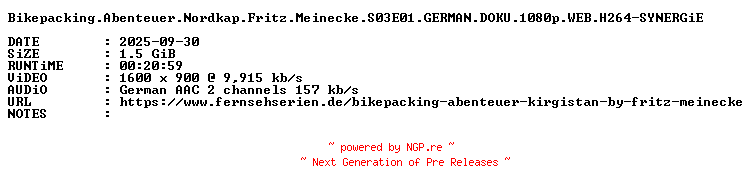 NFO for the release Bikepacking.Abenteuer.Nordkap.Fritz.Meinecke.S03E01.GERMAN.DOKU.1080p.WEB.H264-SYNERGiE by SYNERGiE