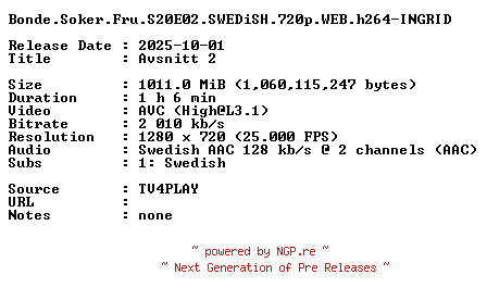 NFO for the release Bonde.Soker.Fru.S20E02.SWEDiSH.720p.WEB.h264-INGRID by INGRID