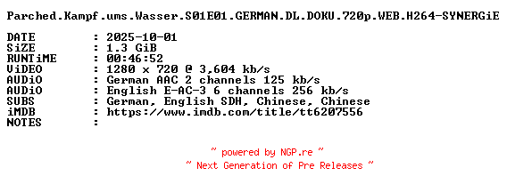 NFO for the release Parched.Kampf.ums.Wasser.S01E01.GERMAN.DL.DOKU.720p.WEB.H264-SYNERGiE by SYNERGiE
