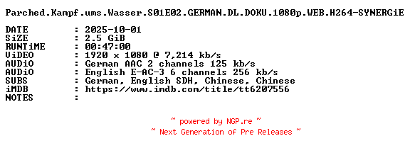 NFO for the release Parched.Kampf.ums.Wasser.S01E02.GERMAN.DL.DOKU.1080p.WEB.H264-SYNERGiE by SYNERGiE