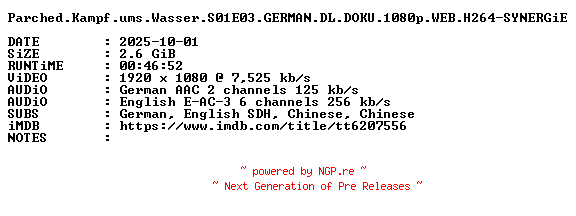 NFO for the release Parched.Kampf.ums.Wasser.S01E03.GERMAN.DL.DOKU.1080p.WEB.H264-SYNERGiE by SYNERGiE