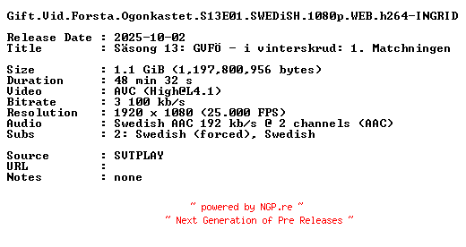 NFO for the release Gift.Vid.Forsta.Ogonkastet.S13E01.SWEDiSH.1080p.WEB.h264-INGRID by INGRID