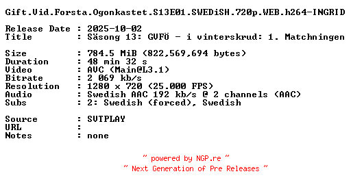 NFO for the release Gift.Vid.Forsta.Ogonkastet.S13E01.SWEDiSH.720p.WEB.h264-INGRID by INGRID