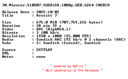 NFO for the release 30.Minuter.S10E07.SWEDiSH.1080p.WEB.h264-INGRID by INGRID
