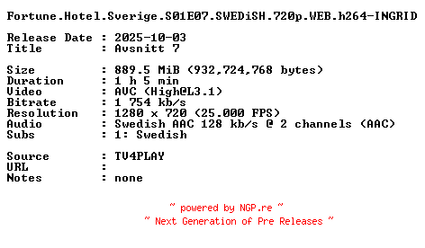 NFO for the release Fortune.Hotel.Sverige.S01E07.SWEDiSH.720p.WEB.h264-INGRID by INGRID