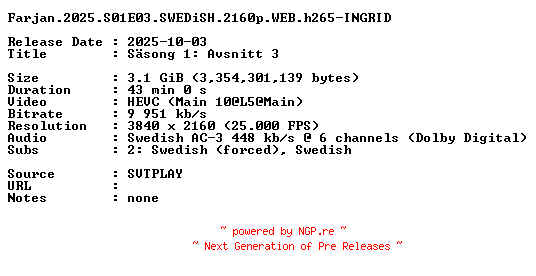 NFO for the release Farjan.2025.S01E03.SWEDiSH.2160p.WEB.h265-INGRID by INGRID