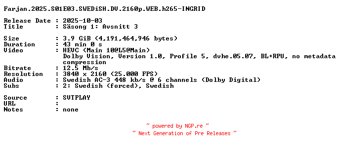 NFO for the release Farjan.2025.S01E03.SWEDiSH.DV.2160p.WEB.h265-INGRID by INGRID