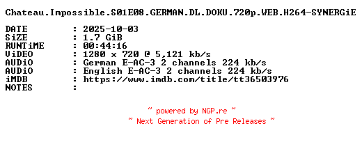NFO for the release Chateau.Impossible.S01E08.GERMAN.DL.DOKU.720p.WEB.H264-SYNERGiE by SYNERGiE
