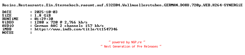NFO for the release Rosins.Restaurants.Ein.Sternekoch.raeumt.auf.S32E04.Wallmuellerstuben.GERMAN.DOKU.720p.WEB.H264-SYNERGiE by SYNERGiE
