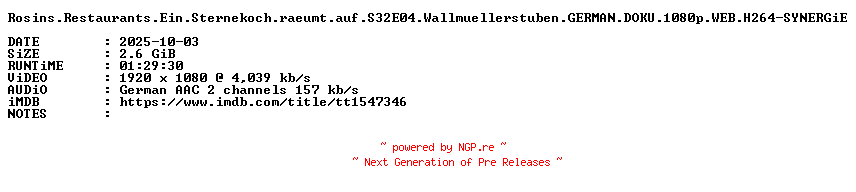 NFO for the release Rosins.Restaurants.Ein.Sternekoch.raeumt.auf.S32E04.Wallmuellerstuben.GERMAN.DOKU.1080p.WEB.H264-SYNERGiE by SYNERGiE