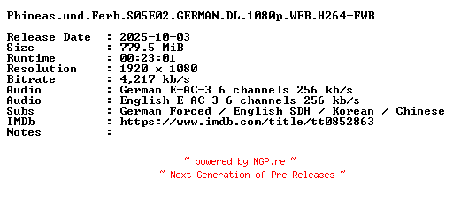 NFO for the release Phineas.und.Ferb.S05E02.GERMAN.DL.1080p.WEB.H264-FWB by FWB