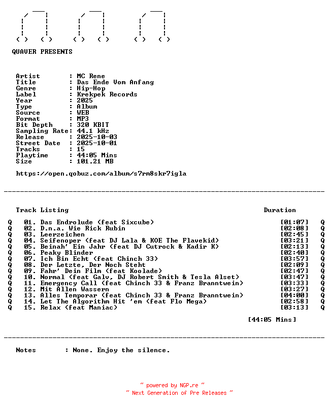 NFO for the release MC_Rene-Das_Ende_Vom_Anfang-DE-WEB-2025-QUAVER by QUAVER
