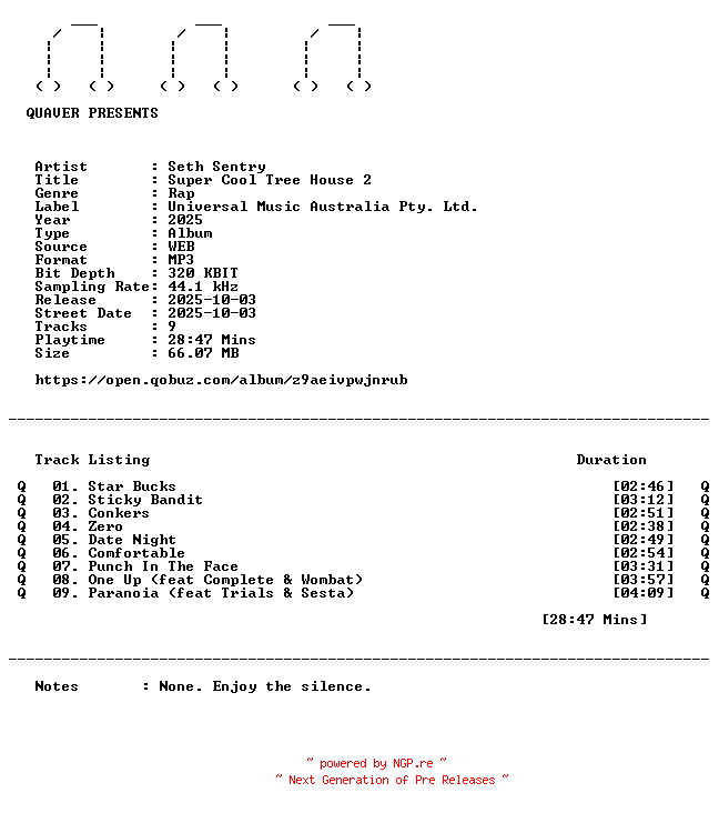 NFO for the release Seth_Sentry-Super_Cool_Tree_House_2-WEB-2025-QUAVER by QUAVER