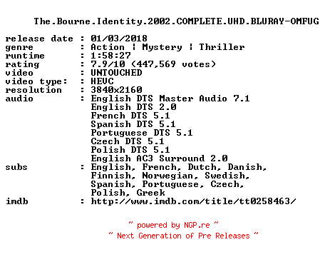NFO for the release The.Bourne.Identity.2002.COMPLETE.UHD.BLURAY-OMFUG by OMFUG