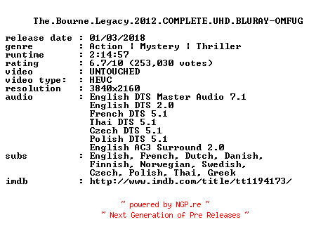 NFO for the release The.Bourne.Legacy.2012.COMPLETE.UHD.BLURAY-OMFUG by OMFUG