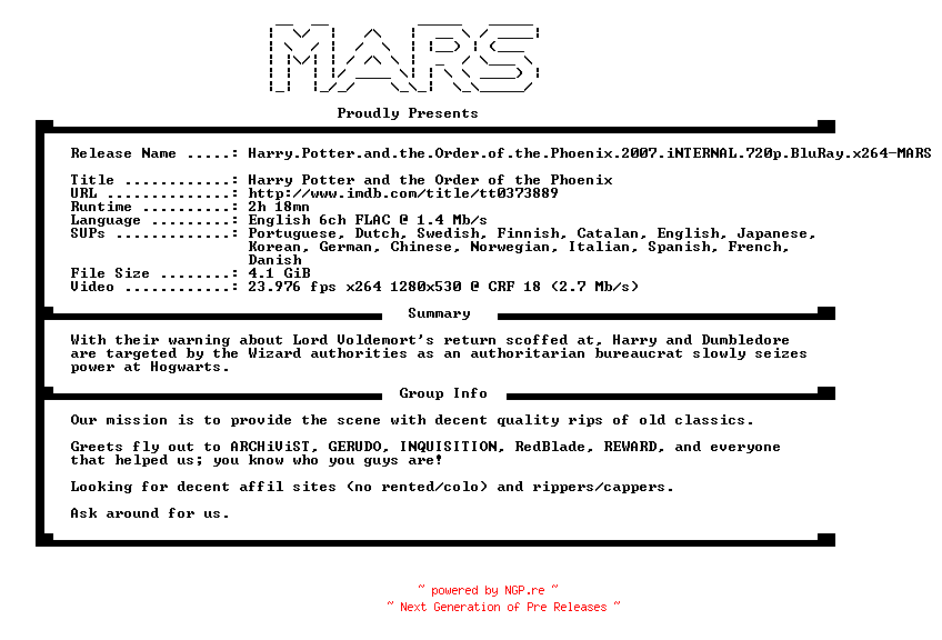 NFO for the release Harry.Potter.and.the.Order.of.the.Phoenix.2007.iNTERNAL.720p.BluRay.x264-MARS by MARS