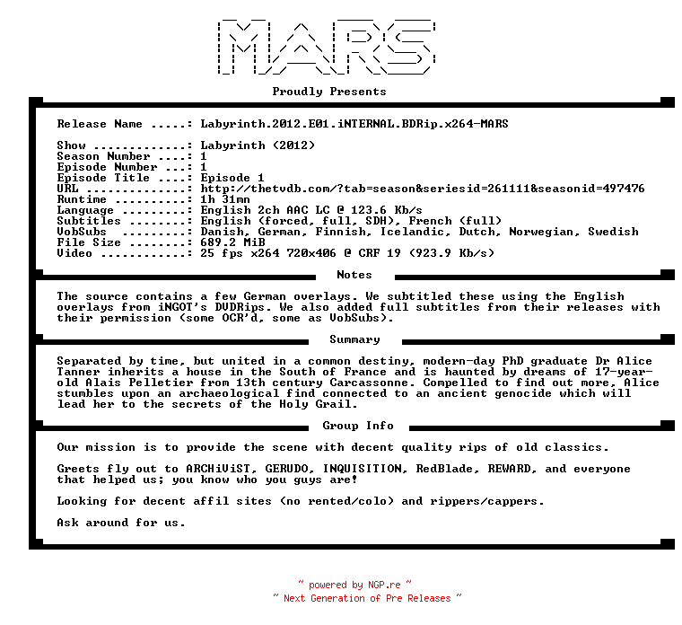 NFO for the release Labyrinth.2012.E01.iNTERNAL.BDRip.x264-MARS by MARS