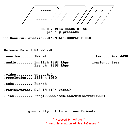 NFO for the release Snow.in.Paradise.2014.MULTi.COMPLETE-BDA by BDA