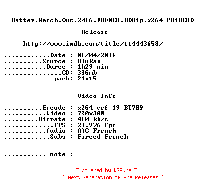 NFO for the release Better.Watch.Out.2016.FRENCH.BDRip.x264-PRiDEHD by PRiDEHD
