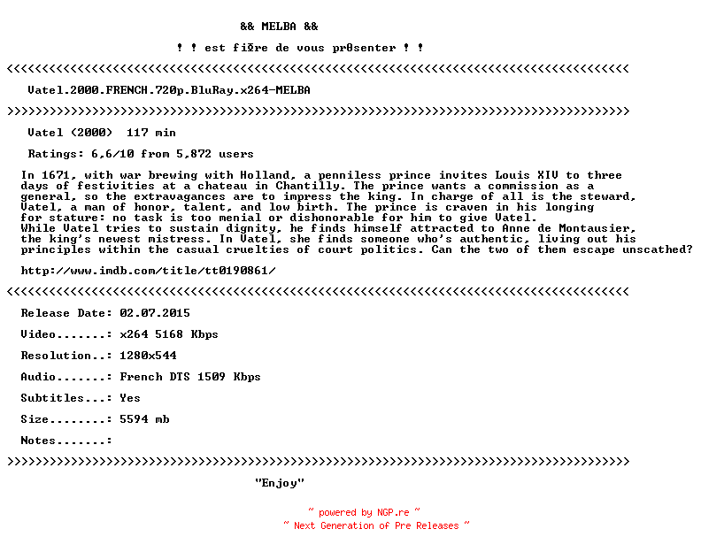 NFO for the release Vatel.2000.FRENCH.720p.BluRay.x264-MELBA by MELBA