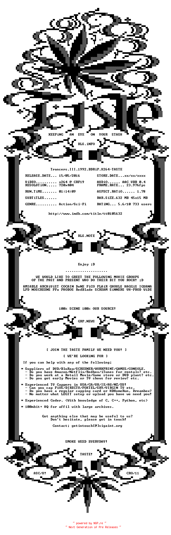 NFO for the release Trancers.III.1992.BDRiP.X264-TASTE by TASTE