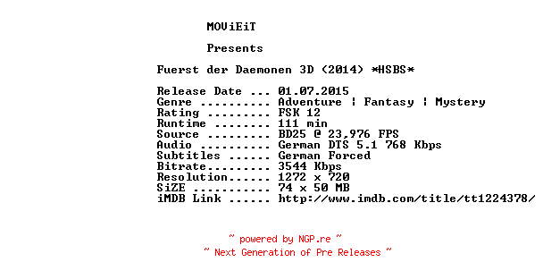 NFO for the release Fuerst.der.Daemonen.3D.2014.German.720p.BluRay.x264-MOViEiT by MOViEiT