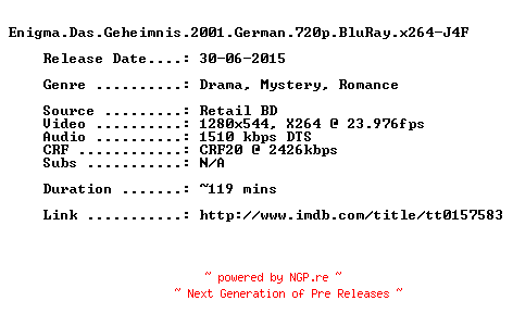 NFO for the release Enigma.Das.Geheimnis.2001.German.720p.BluRay.x264-J4F by J4F