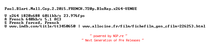 NFO for the release Paul.Blart.Mall.Cop.2.2015.FRENCH.720p.BluRay.x264-VENUE by VENUE