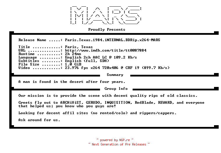 NFO for the release Paris.Texas.1984.iNTERNAL.BDRip.x264-MARS by MARS