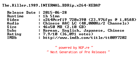 NFO for the release The.Killer.1989.INTERNAL.BDRip.x264-KEBAP by KEBAP