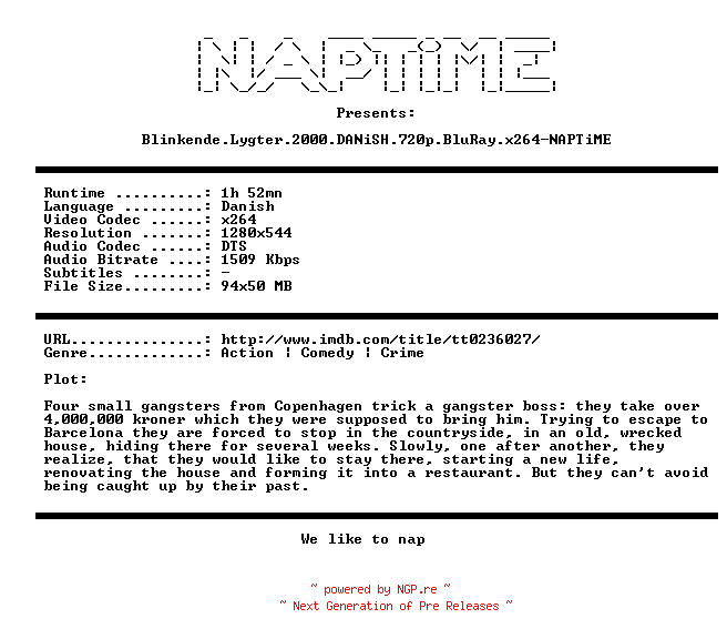 NFO for the release Blinkende.Lygter.2000.DANiSH.720p.BluRay.x264-NAPTiME by NAPTiME