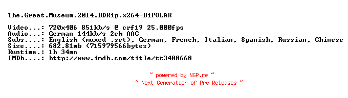 NFO for the release The.Great.Museum.2014.BDRip.x264-BiPOLAR by BiPOLAR