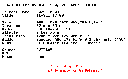 NFO for the release Babel.S42E04.SWEDiSH.720p.WEB.h264-INGRID by INGRID