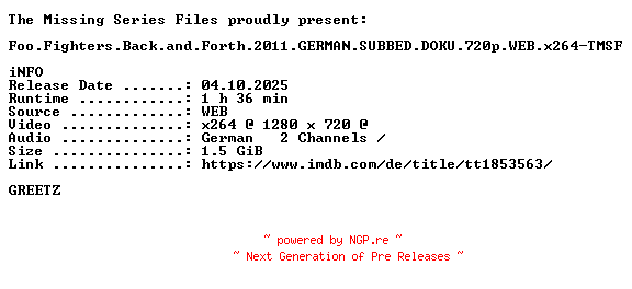 NFO for the release Foo.Fighters.Back.and.Forth.2011.GERMAN.SUBBED.DOKU.720p.WEB.x264-TMSF by TMSF