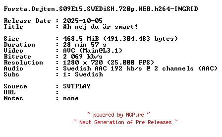NFO for the release Forsta.Dejten.S09E15.SWEDiSH.720p.WEB.h264-INGRID by INGRID
