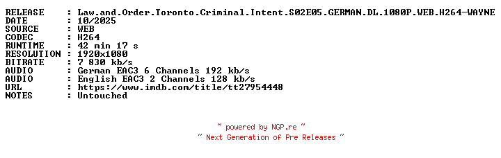 NFO for the release Law.and.Order.Toronto.Criminal.Intent.S02E05.GERMAN.DL.1080P.WEB.H264-WAYNE by WAYNE