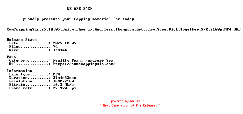 NFO for the release CumSwappingSis.25.10.05.Daisy.Phoenix.And.Tess.Thompson.Lets.Try.Some.Dick.Together.XXX.2160p.MP4-WRB by WRB