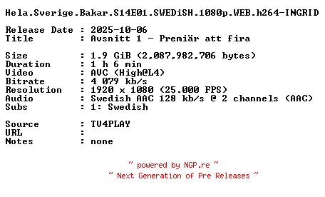 NFO for the release Hela.Sverige.Bakar.S14E01.SWEDiSH.1080p.WEB.h264-INGRID by INGRID