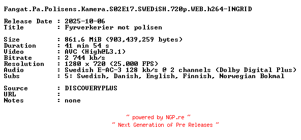 NFO for the release Fangat.Pa.Polisens.Kamera.S02E17.SWEDiSH.720p.WEB.h264-INGRID by INGRID