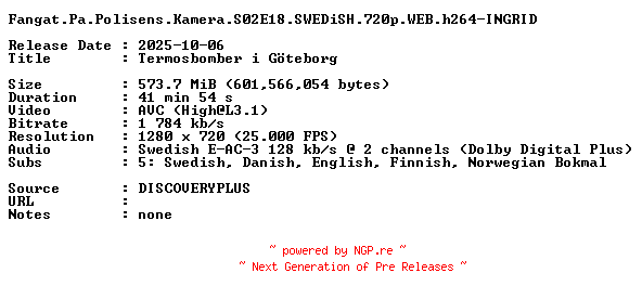 NFO for the release Fangat.Pa.Polisens.Kamera.S02E18.SWEDiSH.720p.WEB.h264-INGRID by INGRID